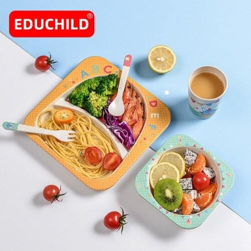 Educhild Baby Feeding Plate Eco-friendly BPA Free Children Cute Cartoon Gift Feeding Bowl Set Training Bowl Spoon Fork Dinner