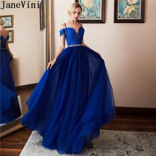 JaneVini Beaded Waist Long Prom Dresses 2019 Royal Blue Lace Gala Dress Elegant Galajurken Lang Tulle Formal Evening Party Dress