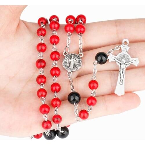 Catholic Christian Virgin Mary Rosary Necklace with Cross Pendant Red Stone Beaded Long Chain Statement Necklaces Male Jewelry