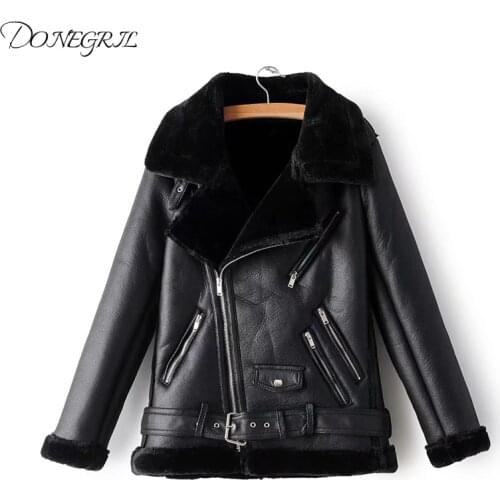 Winter Fashion Motorcycle Women Black Fleece Jacket Rivet Zippers Pockets Casual Female Lapel Collar Biker Jacket Coats