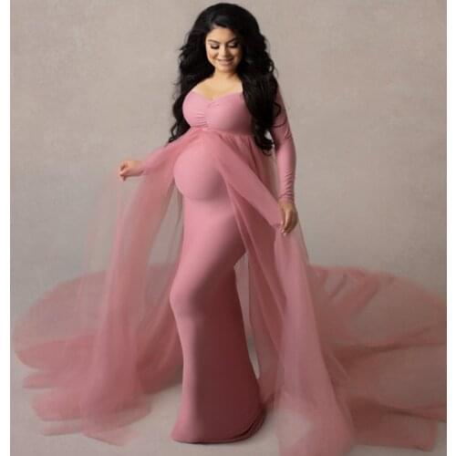 Summer Maternity Tulle Long Evening Dress Elegant Long Sleeve Gown For Stretchy Tulle Long Pregnancy Women Photoshoot Dresses