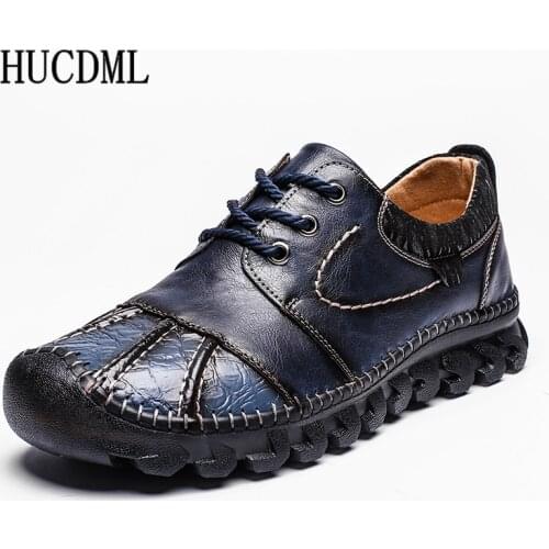 HUCDML Genuine leather mens shoes Outdoor non-slip travel walking casual shoes big size 39-48 flat mens loafers