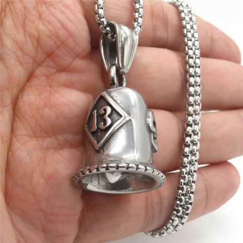 Mens Number 13 Biker Skull Guardian Bell Pendant Necklace Stainless Steel