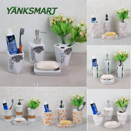 YANKSMART 4 Sets Bathroom Set Soap Dish Dispenser Tumbler Tooth Brash Holder Rinse Cup Household Hotel Accessories Ceramic