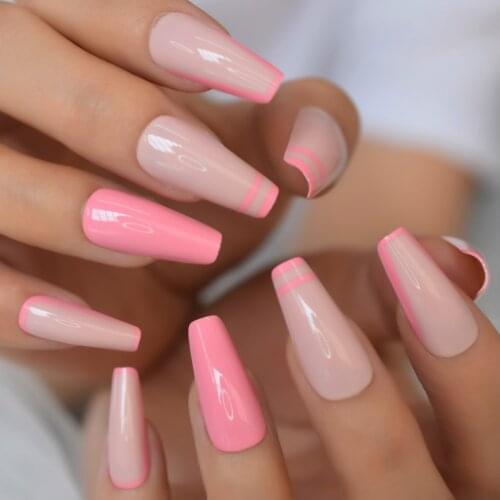 Fake Nails Press On Pink With Design Medium Long Coffin False Nail Tips Shiny Gel Decorative Nails For Girls Women