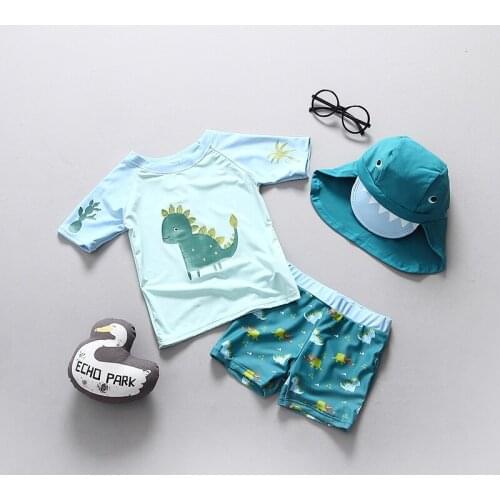 【New store 】 Childrens Swimsuits Boy Baby Swimsuit Child Swimming Child Sunscreen dinosaur Surfing Suit + Sun Cap