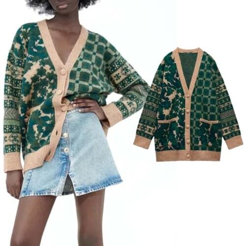 Klkxmyt Za 2021 Autumn Jacquard Knitted Cardigan Women Vintage Long Sleeve V Neck Coat Woman Button Winter Loose Sweaters