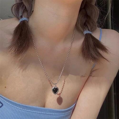 Kpop Goth Black Heart Necklace Metal Love Clavicle Chain Korean Simple Female Pendant For Women Egirl Friends Aesthetic Jewelry