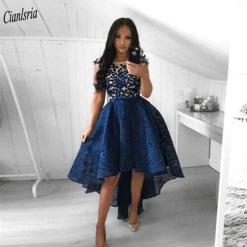 Dark Blue Cap Sleeve High/Low Cocktail Dresses Appliques Lace O-Neck Dubai Saudi Arabic Mini Prom Party Homecoming Dress