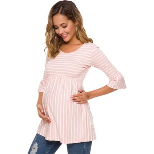 Ruffle Maternity Tops Loose Pregnancy Blouse Striped T-shirt Tunic 3 Quarter Casual Maternity Clothes Pregnant Womens Clothing