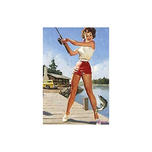 Fishing Pin-up Girl Family Living Room Room Decoration Fishing Gear Shop Art Wall Decoration Square Metal Wall Sign 8X12 Inch