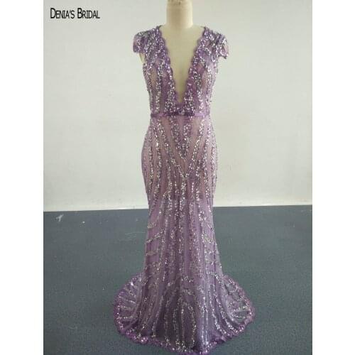 2017 Mermaid Evening Dresses with Deep V Neckline Sequins Floor Length Sweep Train Party Prom Gowns