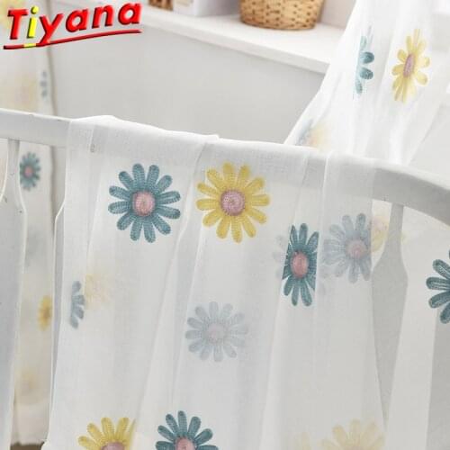 Lovely Blue/Yellow Flowers Embroidered Curtains for Living Room Small Chrysanthemum Tulle Window Drapes for Balcony #VT