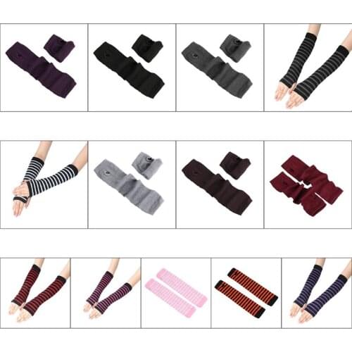 Women Girls Knitted Fingerless Long Gloves Stripes Printed Over Elbow Length Winter Stretchy Arm Warmer Sleeves with Thumb Hole