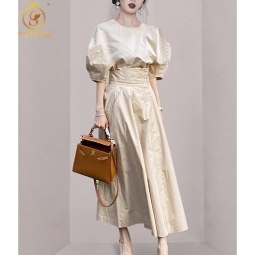 Korea Chic Two Piece Set For Women O Neck Puff Short Sleeve Top +Elastic High Waist Single-Breasted High waist Casual Skirt Suit