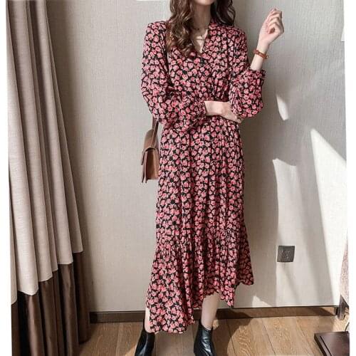 Autumn Winter Large Size Women Small Daisy Floral Printed Chiffon Dress Vintage Long Sleeve Slim Fit V Neck Fairy Vestidos 2020