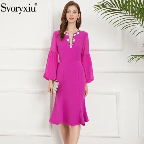 Svoryxiu Autumn Fashion Woman Fuchsia Black Elegant Knee-Length Dress O-Neck Beaded Sequins Lantern Sleeve Evening party Dresses