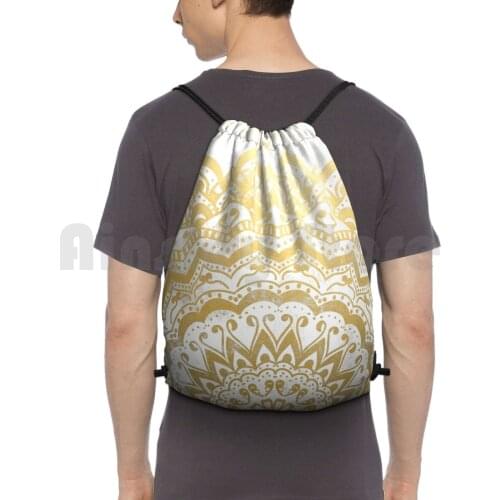 Gold Jewel Mandala Backpack Drawstring Bags Gym Bag Waterproof Vintage Mandala Bohemian Jewel Gold