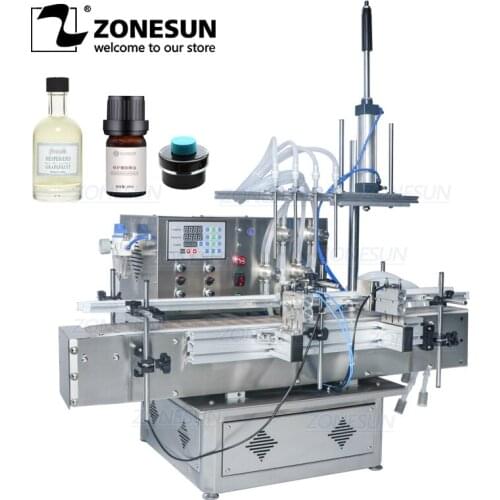 ZONESUN Tabletop Automatic 4 Diving Heads Juice Milk Essential Oil Filling Machine Jar Vial Can Filler With Chain Conveyor