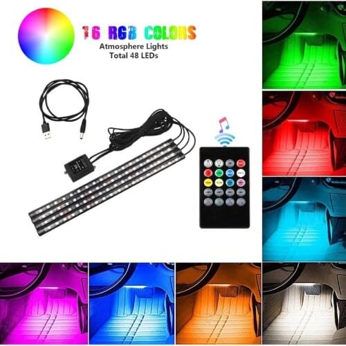 1 Set 48LEDs Car Atmosphere Light Led Strip 16 RGB LED Lamp DC 12V Auto Interior Decorative Light with USB Wireless Remote Mode