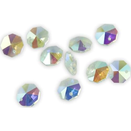 10Pcs Crystal AB Glass Lamp Prism Chandelier Chain Part DIY Octagon 14mm Beads 2 Holes Ornament