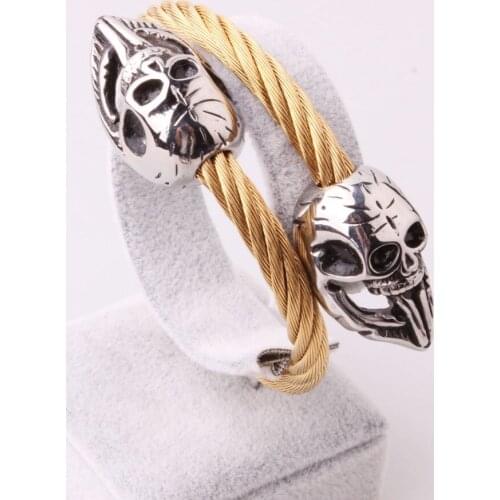 Punk Double Skeleton Skull Biker Jewelry 316L Stainless Steel Gold Tone Wire Rope Link Chain Cuff Bangle Mens Bracelet 6mm Wide