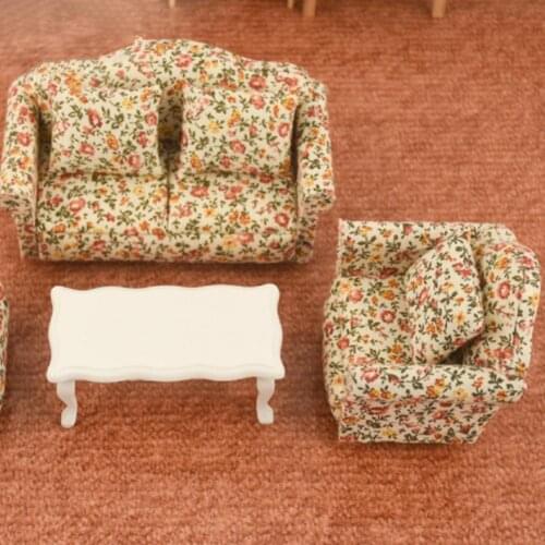 Wooden Scale 1:12 Country Style Floral Pattern Dollhouse Sofa Model Pretend Play Toys Gift for Dollhouse Decor
