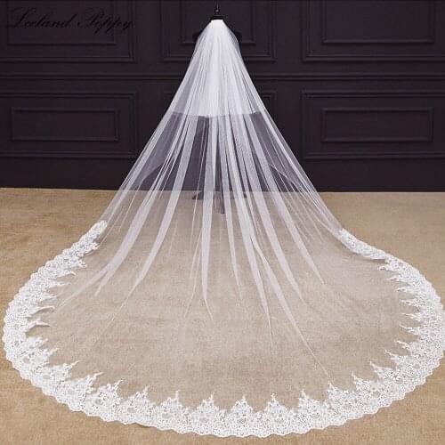Lceland Poppy 1 Tier 3M Long Tulle Appliques Edge Wedding Veil Ivory / White Cathedral Length Bridal Veils with Comb