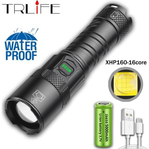 High Lumens Flashlight with XHP160-16core LED Super Bright Tactical Flashlights Rechargeable Zoomable Waterproof Camping torch