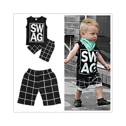 Citgeet 2pcs Set Summer kids clothes sets boy Sleeveless Letter t-shirt+ Plaid shorts clothing set For 2016 Summer