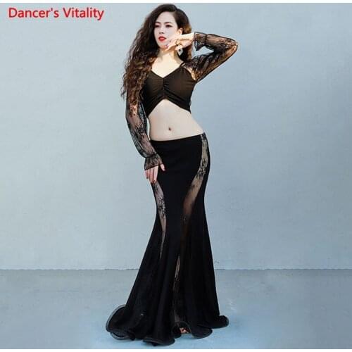 Belly Dance Suit Modal Top Long Sleeve Lace Stitching Skirt Practice Clothes Set Female adult Temperament Performance Clothing