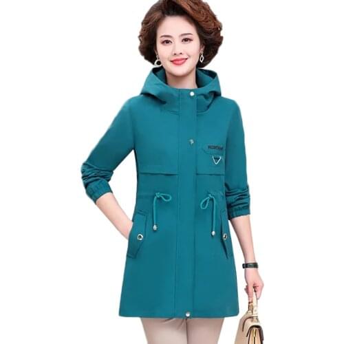 Spring Autumn Mothers Jacket New Middle-aged Women Casual Hooded Coat Fashion Mid-length Large Size Female Windbreaker 5XL