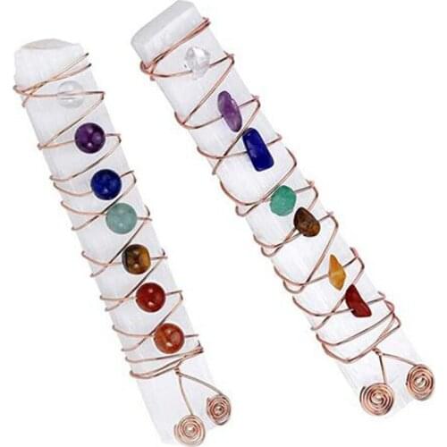 KFT Natural 7 Chakra Reiki Healing Crystal Wire Wraped Raw Selenite Stick for Yoga Meditation Balancing(7 Chakra Chip Stone)