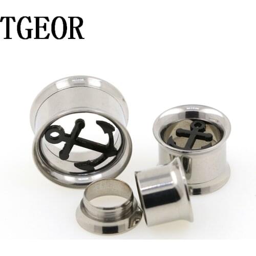 100% New 1pcs ear tunnels Stainless Steel internally thread anchor pattern double flare Flesh Tunnel FREE