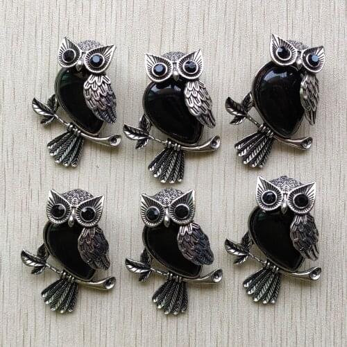 New Fashion Vintage copper Plated Owl natural obsidian stone pendants for jewelry making wholesale 6pcs/lot free shipping