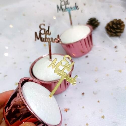 New Eid Mubarak Acrylic Cupcakes Toppers Rose Gold Letters Muslim Baking Cake Toppers for Islam Ramadan Cake Decoration Supplies