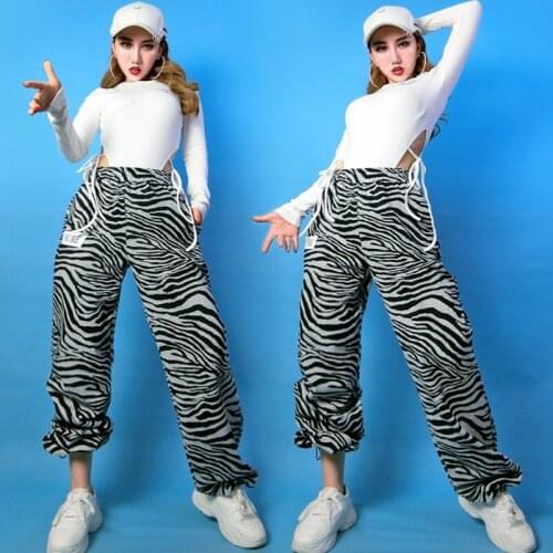 Adult Girls Jazz Dance Clothes Drawstring Top Stripe Trousers Pants Women Stage Hiphop Dance Costume Nightclub Dance Wear SL5381