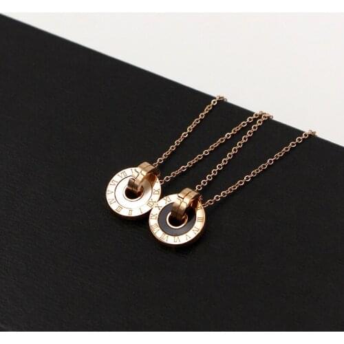 Hot Sale Black White Shell Roman Numerals Round Rose Gold Color Stainless Steel Necklaces