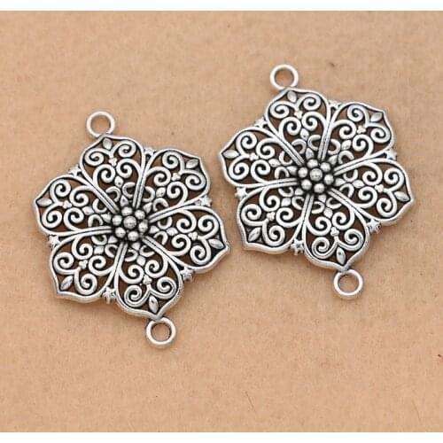 4pcs Tibetan Silver Plated Flower Charm Connector for Bracelet Jewelry Making Accessories DIY 40x28mm