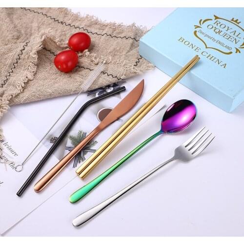 Portable tableware 304 stainless steel creative knife fork spoon chopsticks straw cutlery dinner set