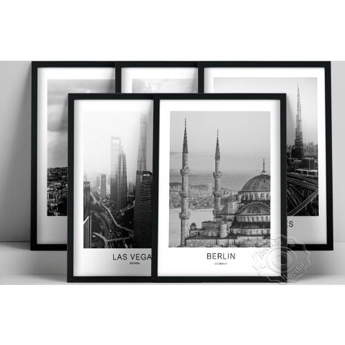 World Travel Poster, Paris New York Los Angeles Las Vegas Berlin Prints, Black White City Scenery Wall Picture, Modern Wall Art
