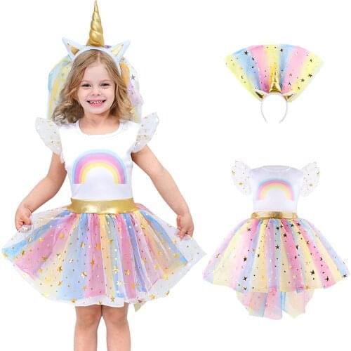 Little Girls Rainbow Unicorn Party Dress Toddler Casual Outfit Clothes Kids Pink Halloween Costume Birthday Gift for 4 5 6 Child