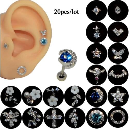 20PC Fashion Silver Color CZ Stud Piercing Flower Star Earring Conch Tragus Stud Helix Cartilage Trendy Body Piercing Jewelry 20