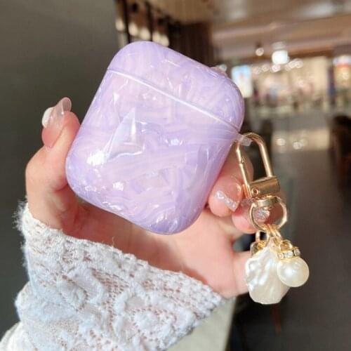 Lavender Stripe Shell Pattern Silicone Case for Airpods 1 2 Cartoon Cute Wireless Earphone Cover Charging Box with Keychain