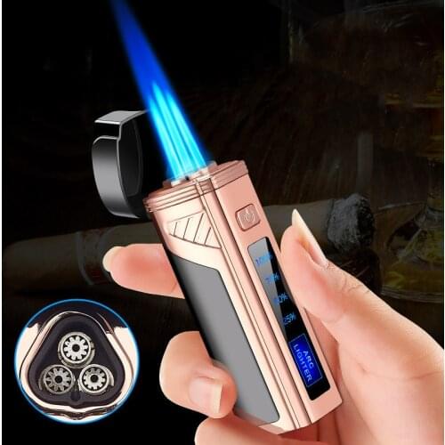 Three Flame Windproof 1300C Turbine Electronic Ignition Gas Lighter Cigar Lighters LED USB Charging Mens Smoking Gadget