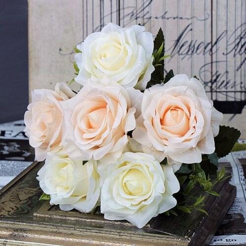 YO CHO Bridal Wedding Bouquet Polyester 6 Heads Bridesmaid Rose Bouquet Artificial Silk Flower DIY Wedding Table Center Ornament