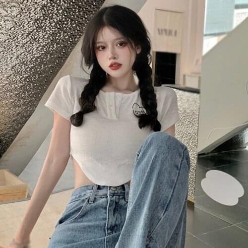 2021 New Summer Womens Casual Short Paragraph Solid Color Cultivating Short-Sleeved T-Shirt Printing Rounded Korean Lovely Swee