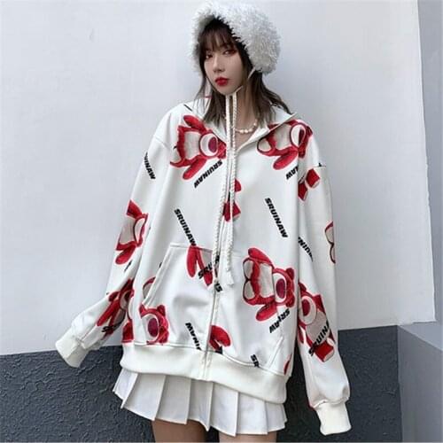 Women Autumn Loose Hooded Coats Japanese Harajuku Cute Bear Print Outerwear Girl Spring Oversized Jacket Fall Clothes For Women