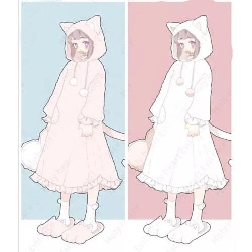 Women Winter Japanese Cute Nightgowns Dress Pink Lolita Girl Pompom Cat Bunny Hooded Lovely Female Autumn Kawaii Sleep Dresses