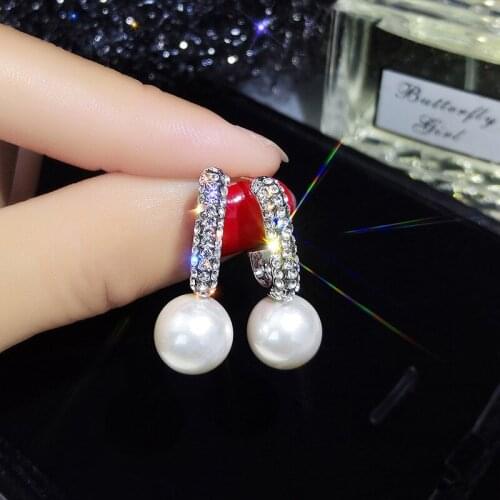 2019 New Arrival Pearl Trendy Round Women Dangle Earrings Crystal Earrings Simple Jewelry Female Korean Earrings